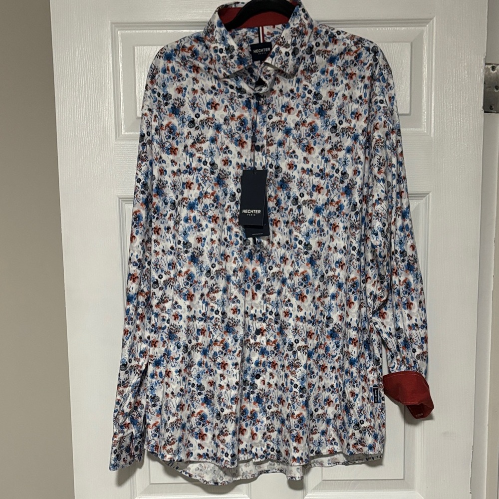 HECHTER Men's Floral Print Shirt - Blue, white, orange